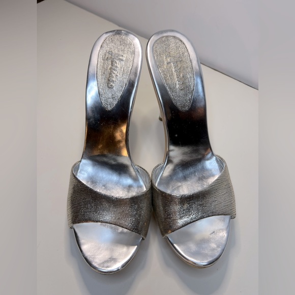 Marciano Silver Stiletto Heel with Wood Platform Textured Metallic Leather Mule - Picture 2 of 11